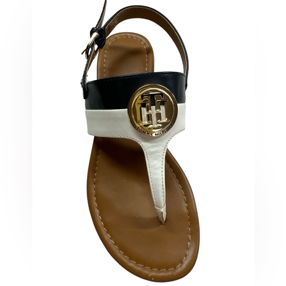 Tommy Hilfiger Gold Logo Blue/White Sandal Back Strap Size 6.5 Preowned Flaw